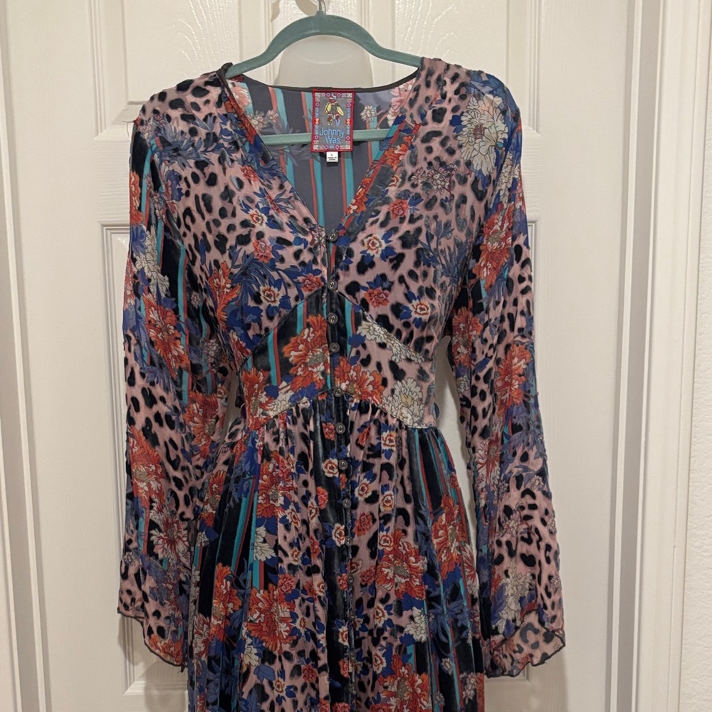 Johnny Was Vibrant Leopard and Floral Long Sleeve Dress